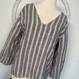 Christian Siriano Linen Top Womens Medium Gray Stripe Lagenlook Coastal Summer